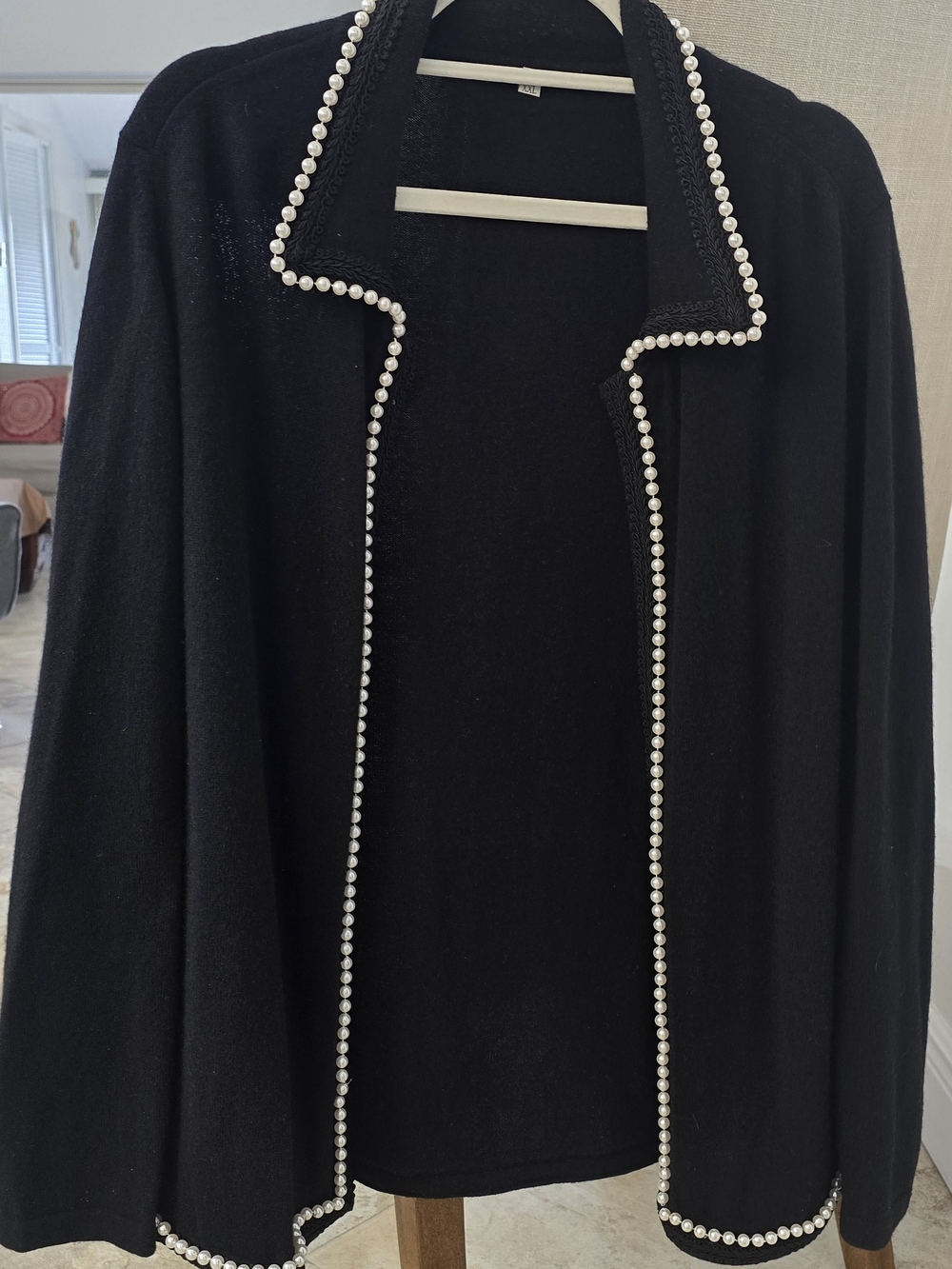 Black Pearl-Trim 100% Cashmere Open Front Cardigan Sweater